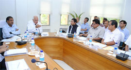 The Union Minister for New and Renewable Energy, Dr. Farooq Abdullah (2nd, from left) reviewing the implementation of the renewable energy programme at a meeting in New Delhi