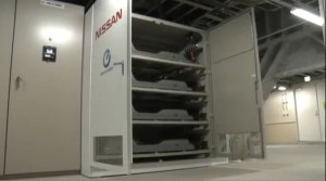Five 24kWh lithium ion batteries from old Nissan Leafs store electricity for Nissan's test solar powered electric vehicle charging stations.  (Credit: Nissan)